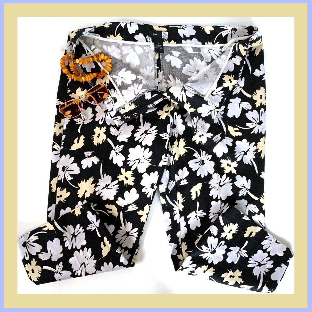 New Saks Fifth Avenue Sport Black Floral Stretch Cotton Cropped Pants Sz 14 - Picture 3 of 16
